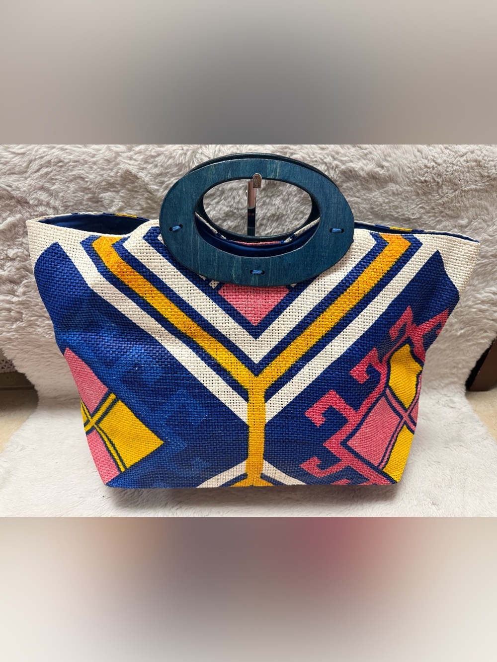 Navy Blue & Yellow Geometric Tote with Pink Accents
